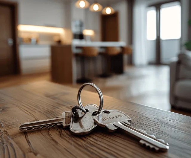 Keys lying on a wooden table inside a modern apartment living area with window light.