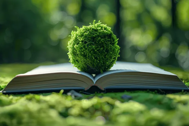 Mossy green sphere resting on open book in forest sunlight