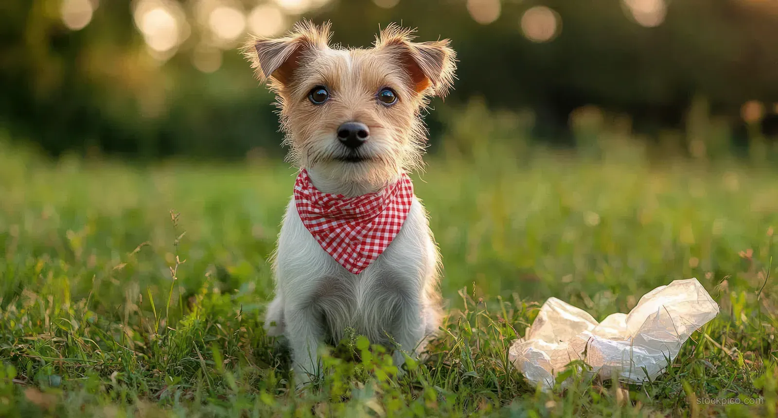 Small dog with a red checkered bandana sits on grass near crumpled plastic waste.