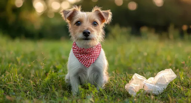 Small attentive dog in red checkered bandana sits on grass beside crumpled plastic waste