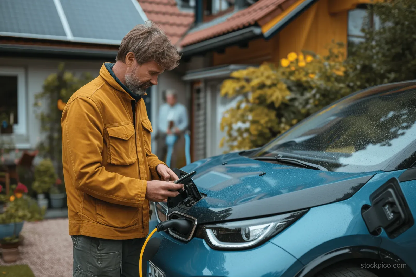 A person plugs a charging cable into an electric car in front of a solar-powered home.