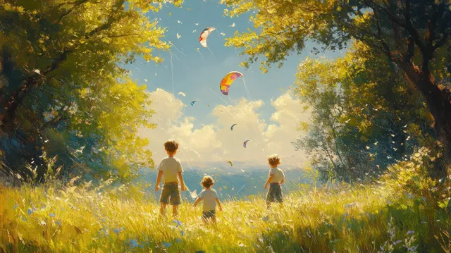 Children flying colorful kites in a sunny autumn park, running through tall grass
