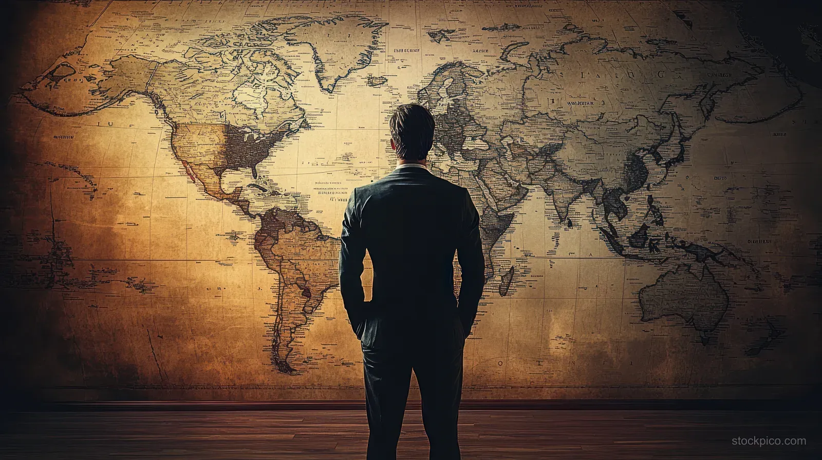Back-view man in a suit stands before a large vintage world map wall decor in dim indoor lighting.