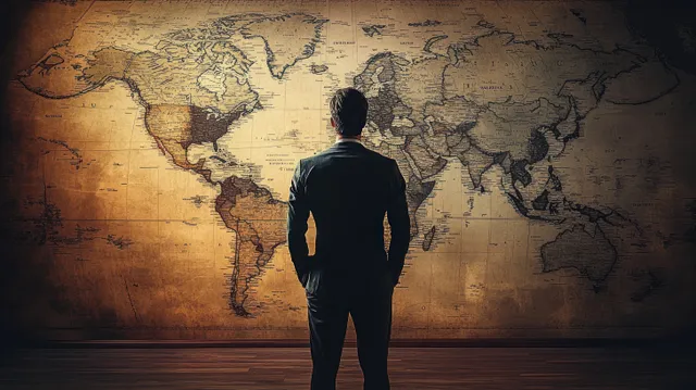 Back-view man in a suit stands before a large vintage world map wall decor in dim indoor lighting.