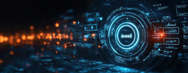 Blue circular data interface glows with orange particles on a dark background.