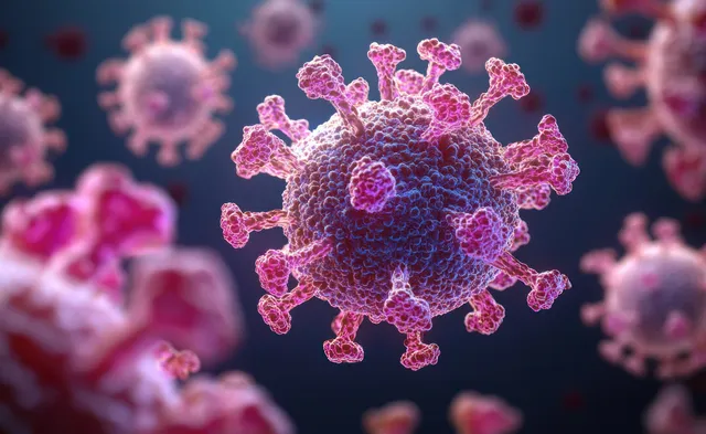 Spiky spherical virus particles hover over a dark background with blurred surrounding cells.