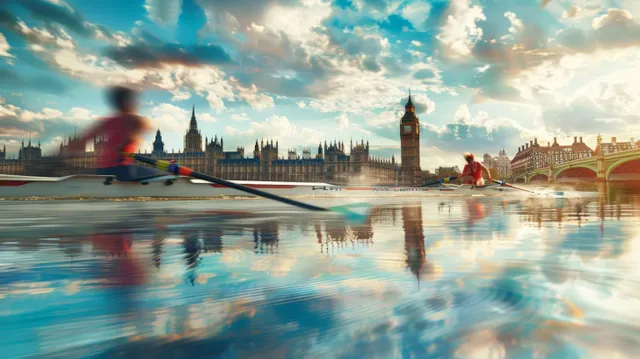 Double sculls rowers sprint on a river at sunrise with synchronized strokes and skyline reflections