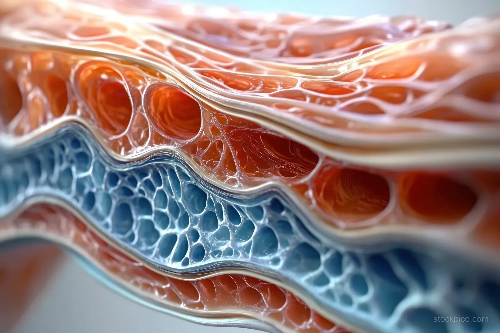 A microscopic tissue cross-section shows orange and blue translucent layers with interconnected small cavities.