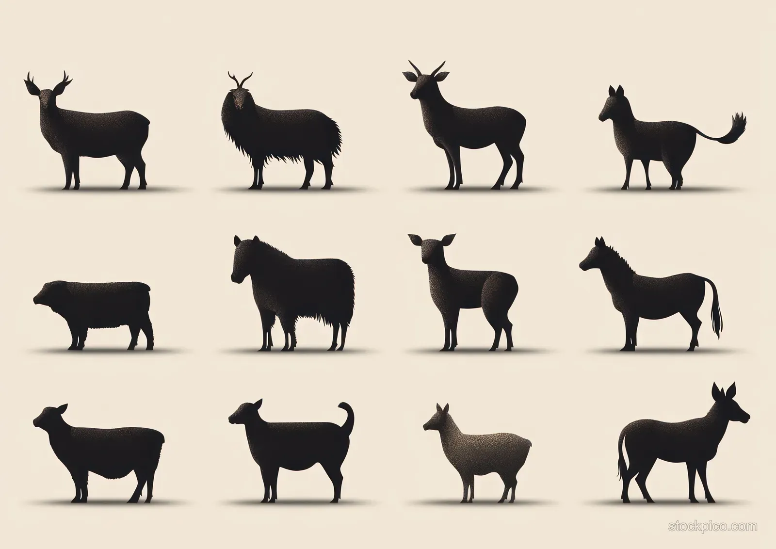 Rows of dark animal silhouettes of horned and hoofed species stand and face different directions on a neutral background.