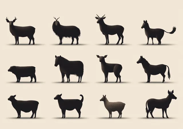 Rows of dark animal silhouettes of horned and hoofed species stand and face different directions on a neutral background.