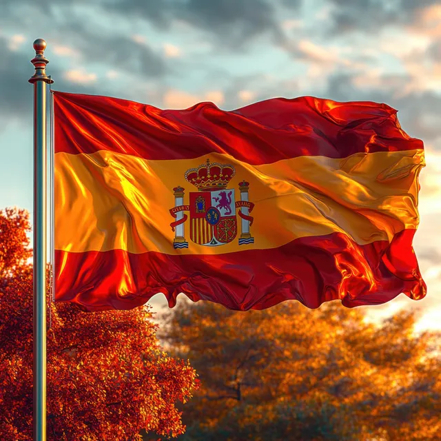 Spanish flag with red and yellow stripes waving on a pole amid autumn trees