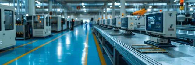 Robotic PCB assembly line with soldering and inspection stations in a bright factory aisle