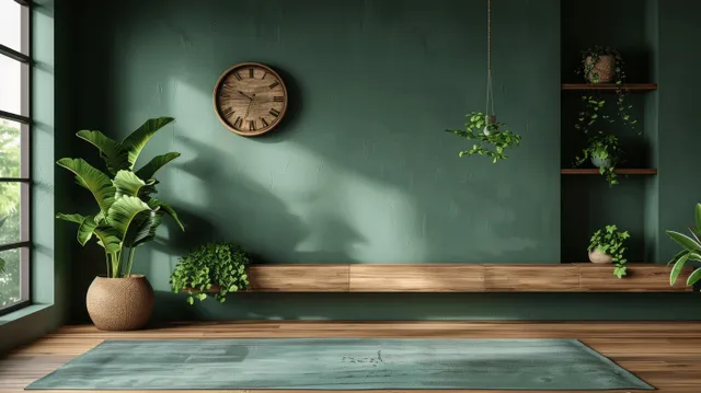 Minimalist living room with dark green wall, wooden shelf, wall clock, and potted plants beside a rug.