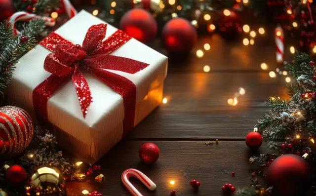 Christmas gift box with red ribbon on wooden table with glowing bokeh with Festive Still Life