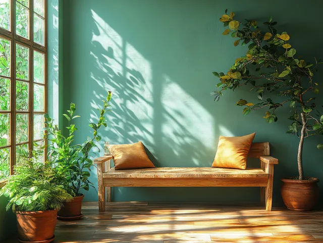 Light green living room with natural wood sofa, two pillows, and potted plants beside a window casting shadows.