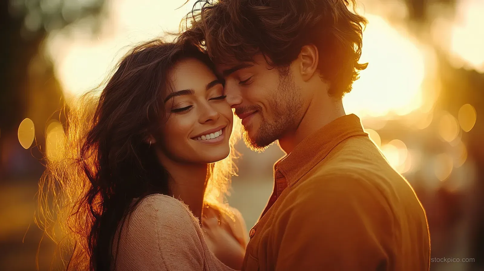A smiling Black couple embraces outdoors in golden hour light with warm bokeh in the background.