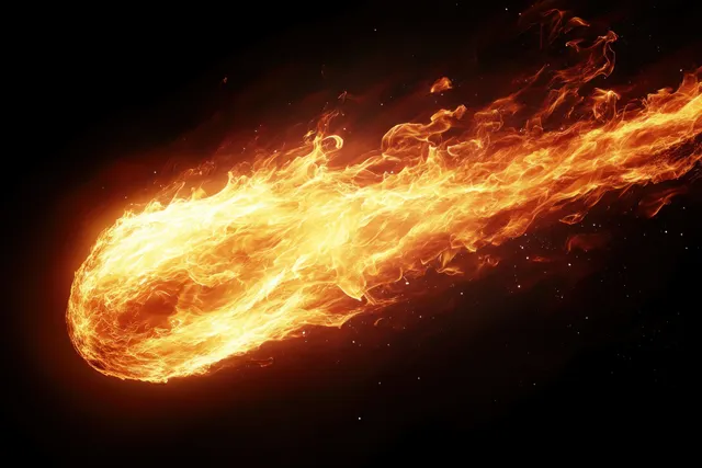 A glowing fiery comet streaks across dark space, trailing orange plasma flames and sparks.