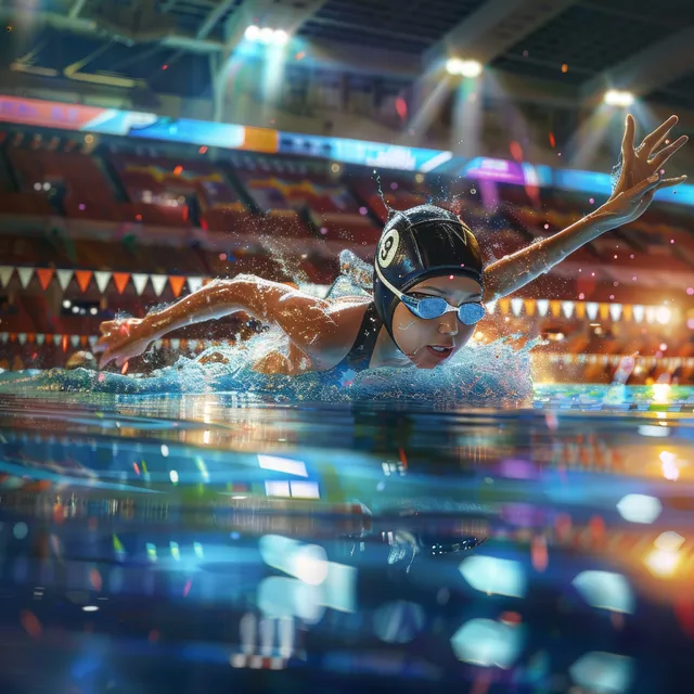 A female breaststroke swimmer surges toward the finish line with arms extended as water splashes in a crowded indoor pool.