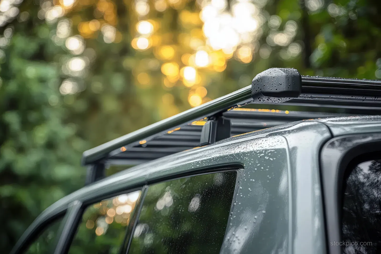 Silver SUV roof rack with rain droplets sits above the car roof, with warm sunset bokeh and green foliage behind it.