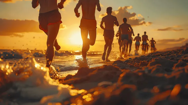 Runners sprint along sandy shoreline at sunset, close-up legs and glowing race silhouettes