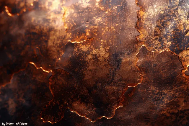 Shimmering copper-gold foil texture background with glowing crackle lines and glassy highlights