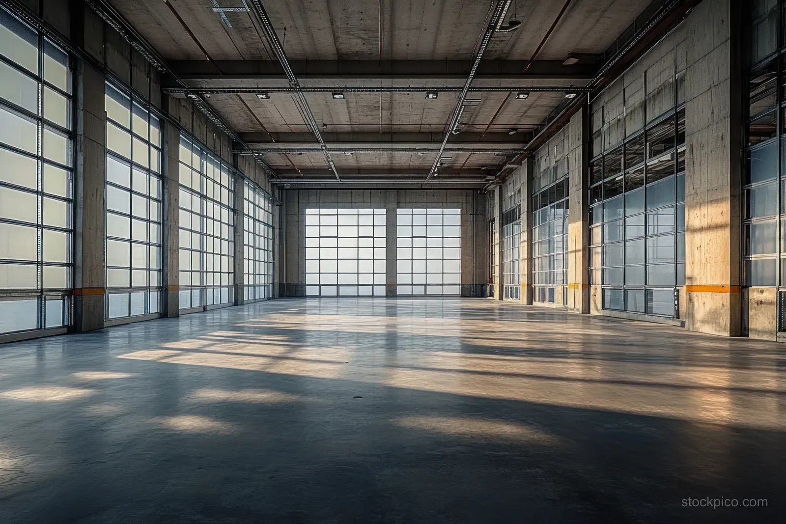 Empty warehouse interior with concrete floor, large windows, and daylight shadows from steel beams.