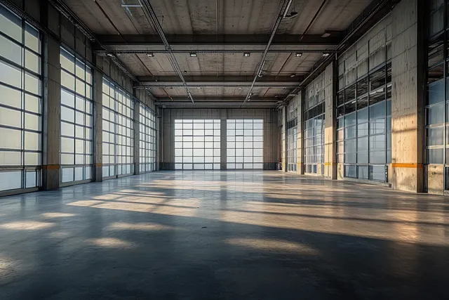 Empty warehouse interior with concrete floor, large windows, and daylight shadows from steel beams.