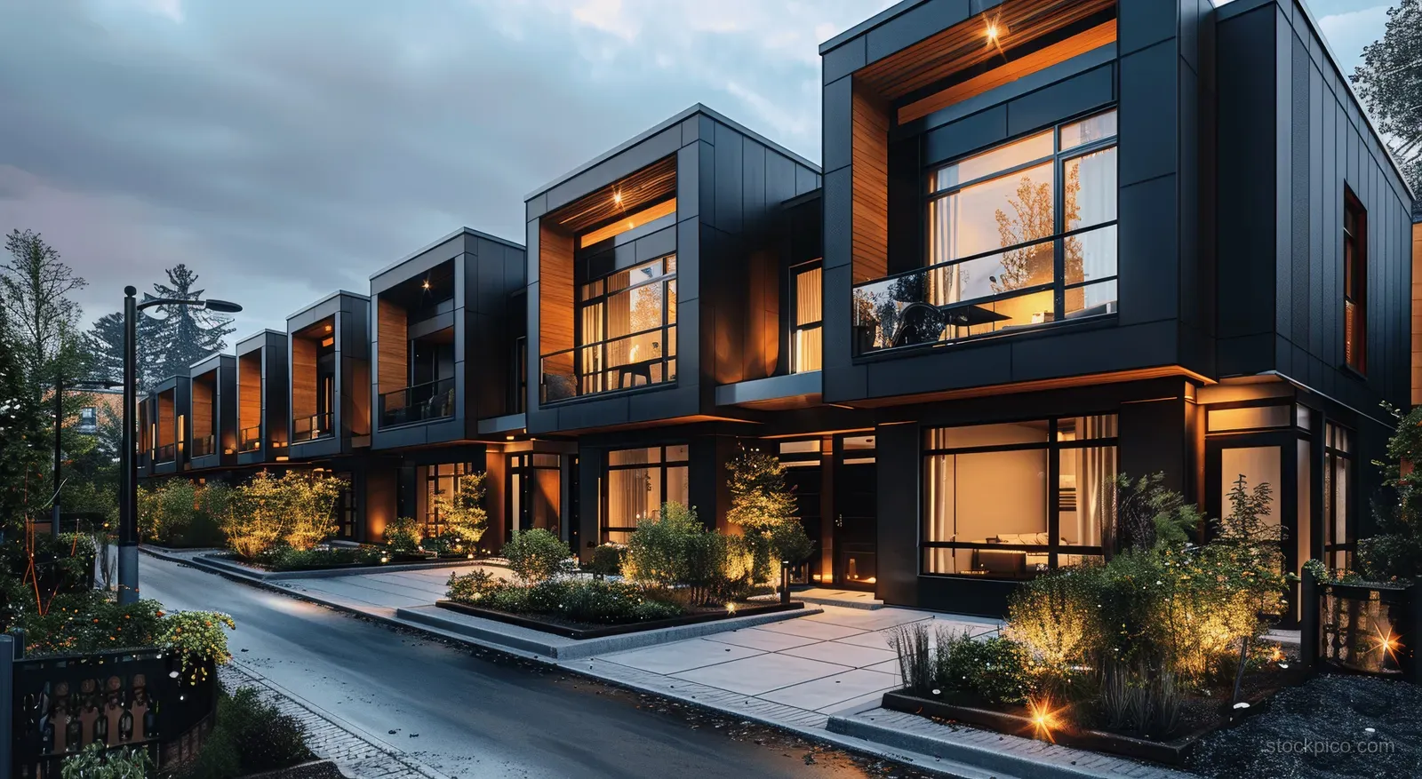 Black modern townhouses with warm lit windows and wooden balconies line a wet city street at dusk.