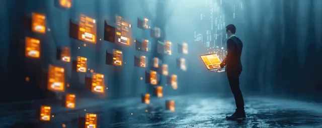 A person reviews glowing encrypted data panels in a dark server room with floating screens.