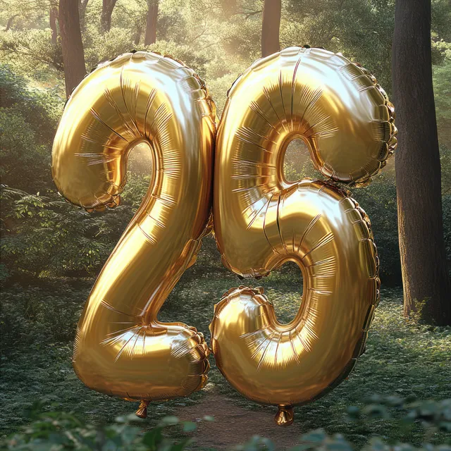 Shiny golden number 25 balloons stand on a forest path with green trees and soft sunlight filtering through.
