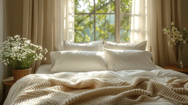 White double bed with linen bedding and pillows, lit by morning sunlight through open curtains.