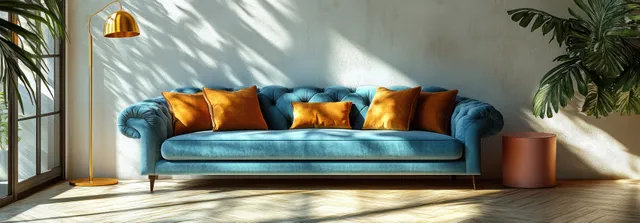 Turquoise sofa with colorful cushions in a minimalist living room, lit by warm sunlight on white walls and wooden floor.