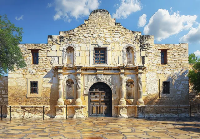 Weathered stone building facade with arched entrance and carved columns under a blue sky with scattered clouds.