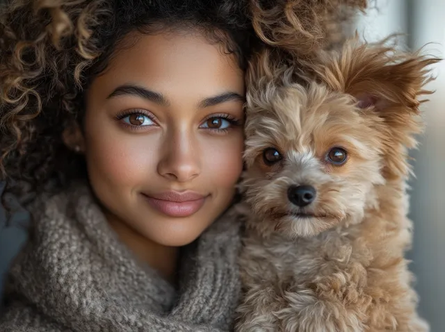 A woman cuddles a fluffy dog indoors against a soft gray background with warm, blurred lighting.
