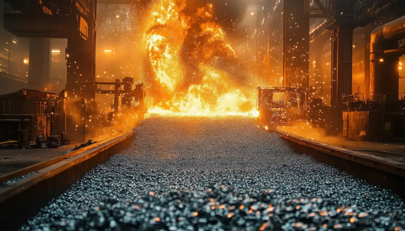 Molten steel pouring into a foundry channel as sparks fly and glowing hot pellets cover the floor.