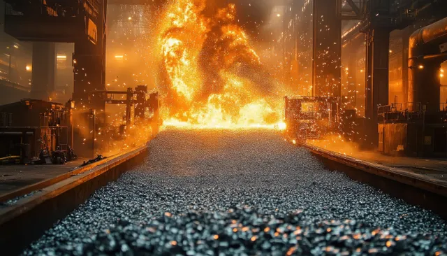 Molten steel pouring into a foundry channel as sparks fly and glowing hot pellets cover the floor.