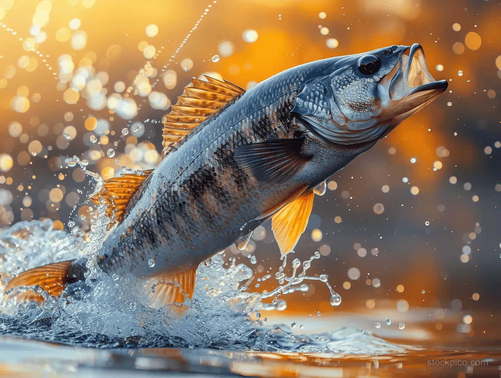 A large bass fish jumps out of water, creating a splash with golden-hour light in the background.