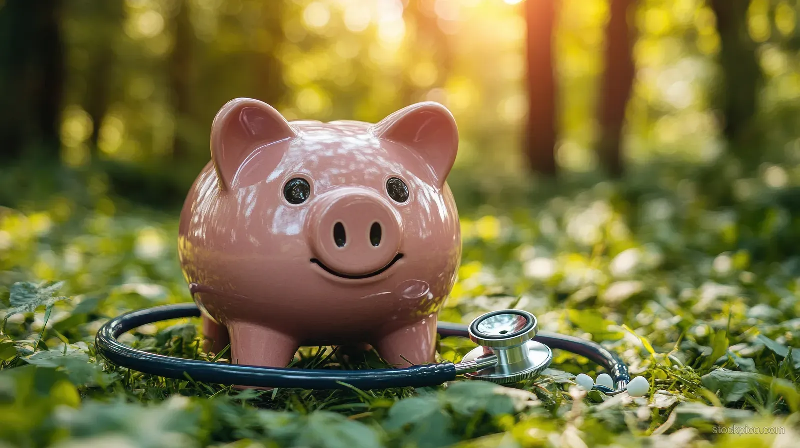 A pink piggy bank sits on sunlit grass with a small coin jar beside it in a park.