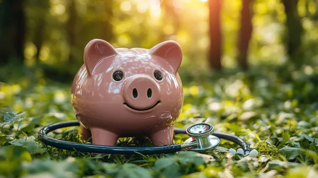 Pink piggy bank sits on grass with a coin jar in a sunny park
