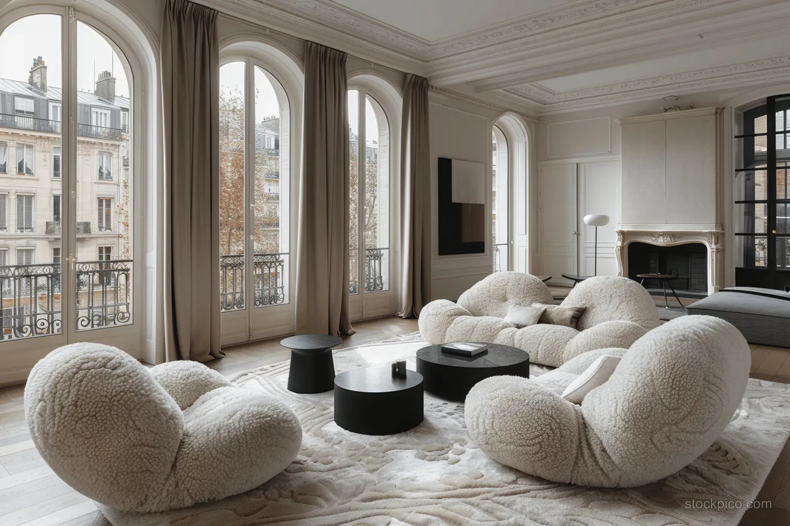 Plush boucle lounge chairs and a black round coffee table sit in a Parisian living room beside arched windows.