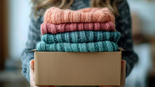 A person holds a cardboard box of neatly folded pastel knitted sweaters with visible yarn texture.