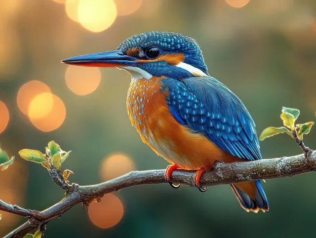 Close-up kingfisher perched on a branch, sparkling bokeh lights in warm sunset glow