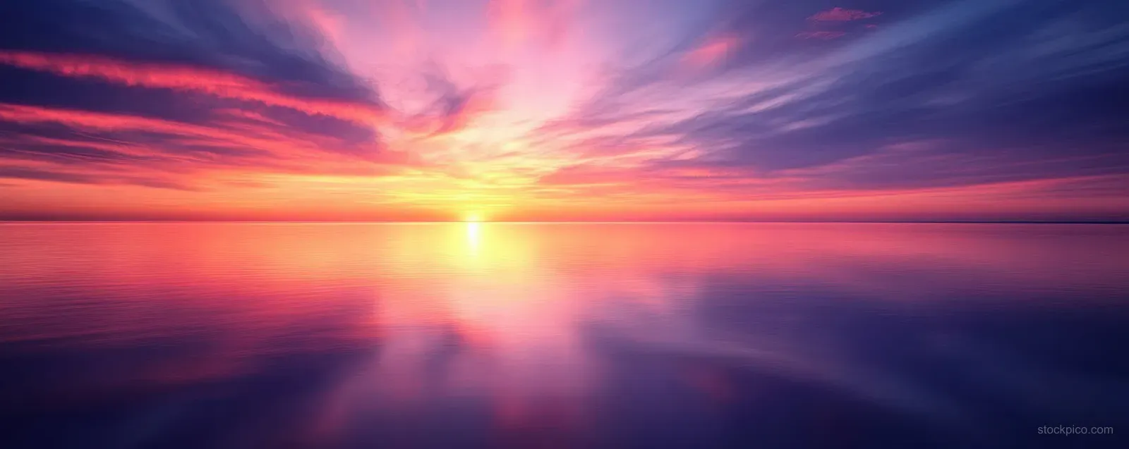 Sunset reflecting on calm water beneath a purple and orange sky.