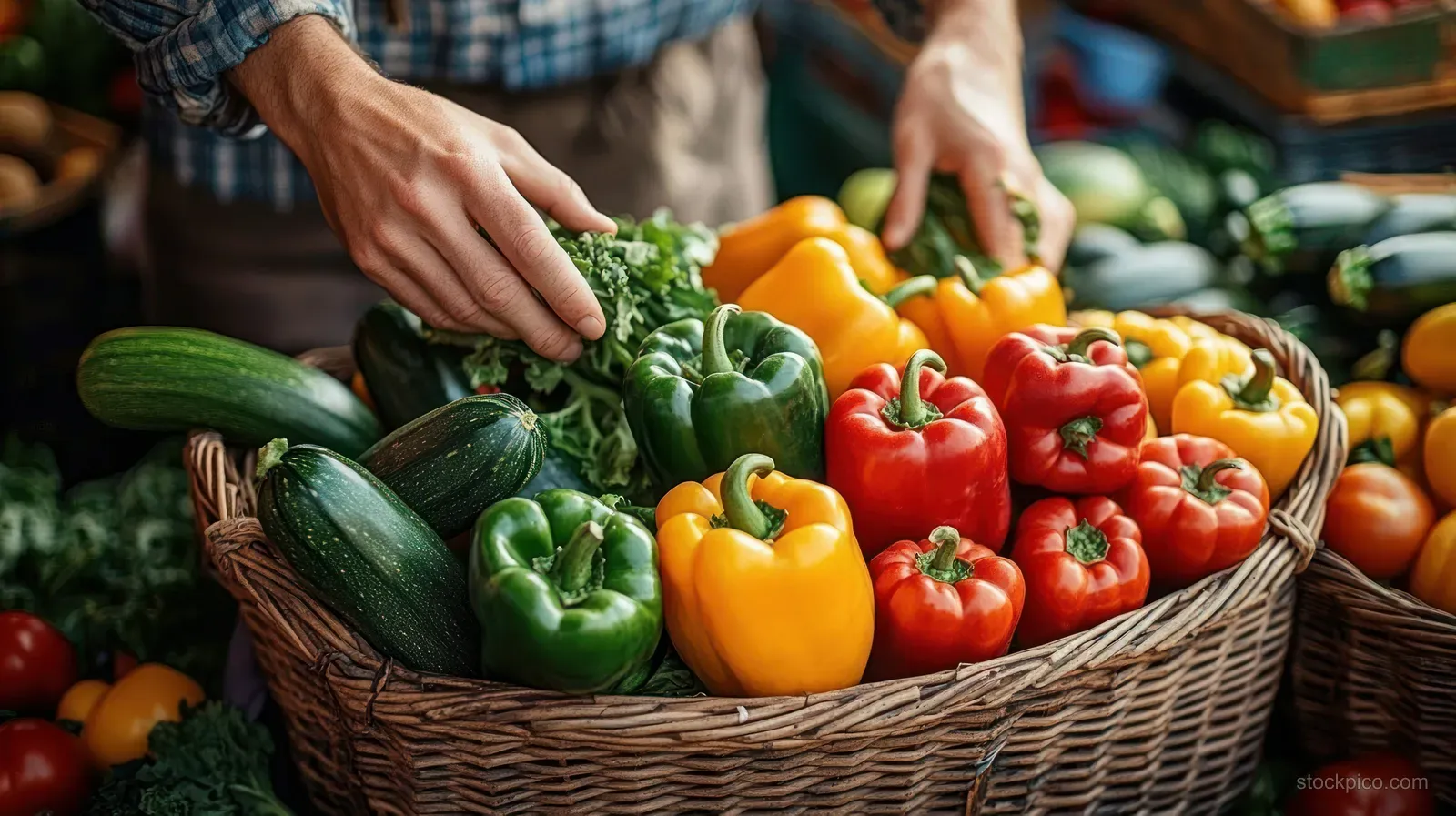 Hands place green and red bell peppers and leafy greens into a woven wicker basket at a market stall.