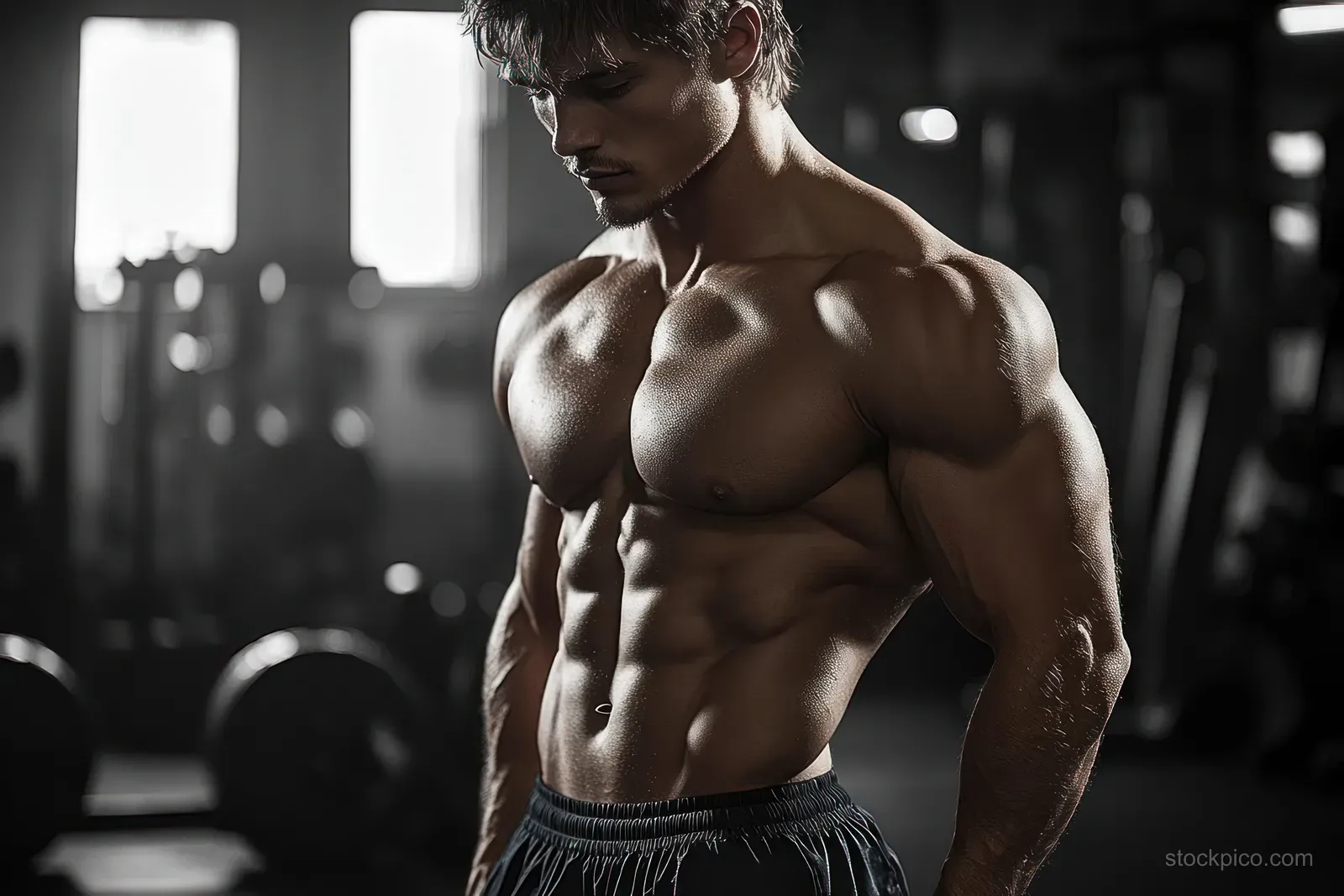 A shirtless muscular man flexes his abs in a dim gym with blurred weights behind him.
