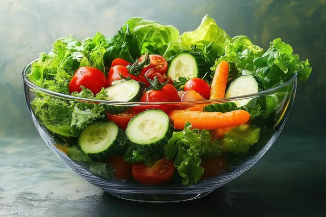 Mixed vegetable salad with lettuce, cherry tomatoes, cucumber, and carrots in a clear glass bowl.