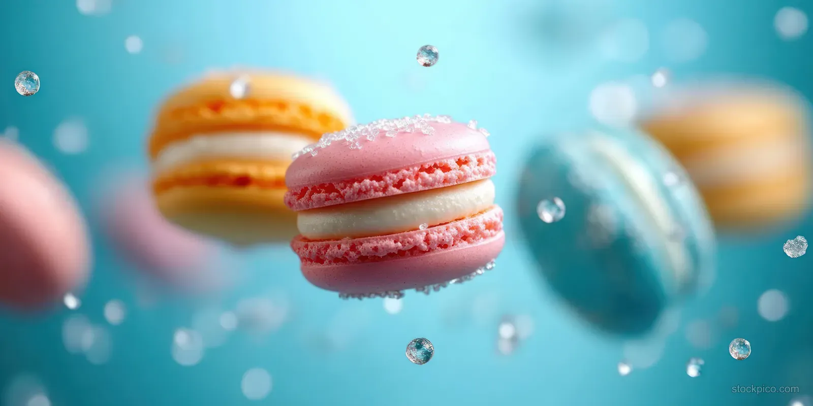 Pink macaron with cream filling floating among sugar crystals above a bright blue background.