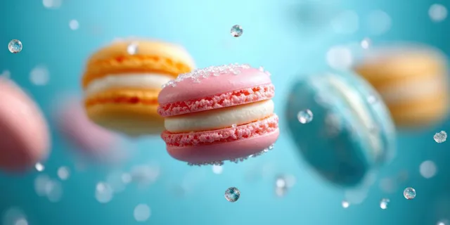 Pink macaron with cream filling floating among sugar crystals above a bright blue background.