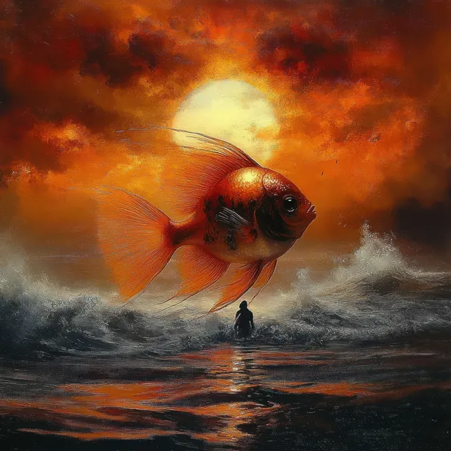 A lone silhouette stands in stormy waves as a giant goldfish floats above, under a fiery orange sky.