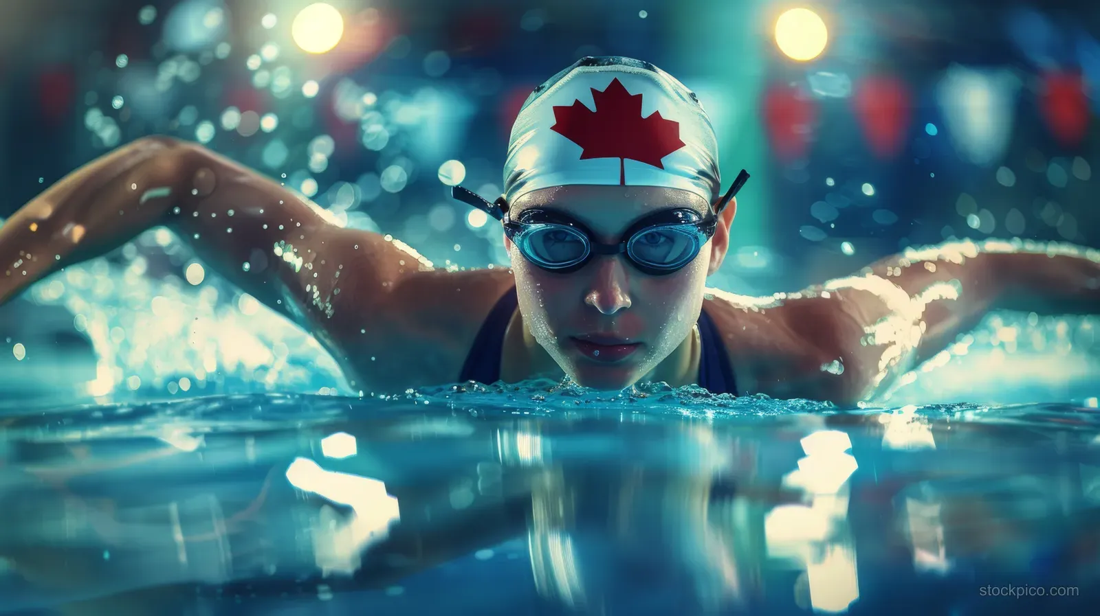 Canadian breaststroke swimmer lunges forward in a lit indoor pool with splashing water and glittering bokeh lights.